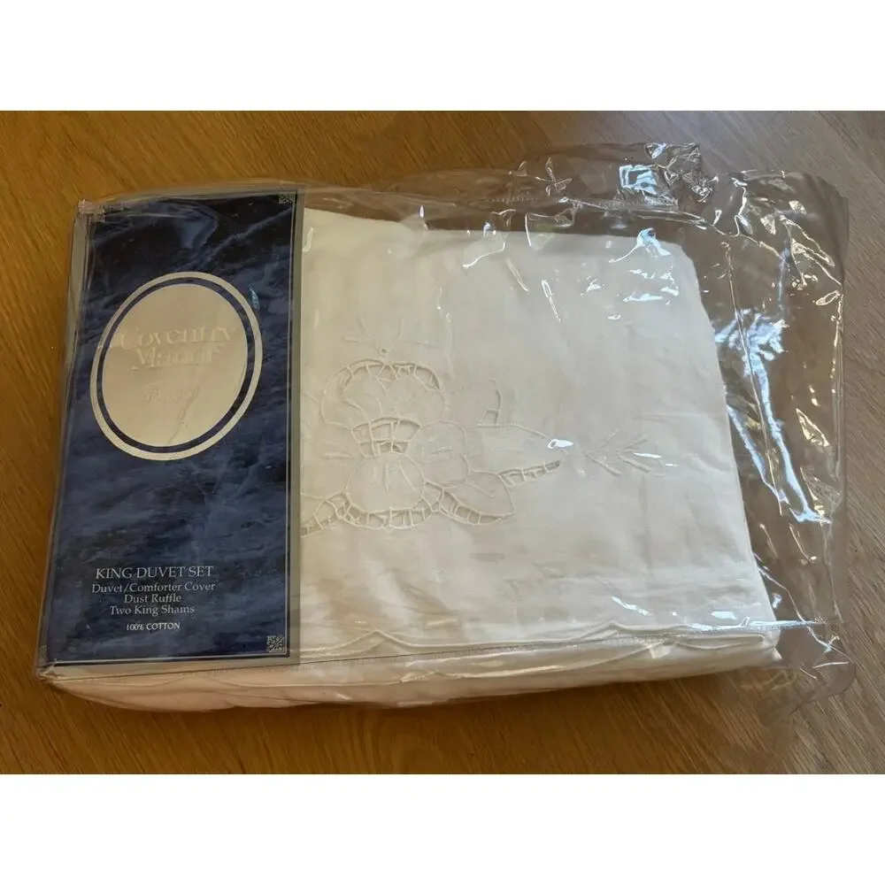Coventry Manor Victoria King Duvet Set White 100% Cotton NEW Sealed 4 Pc